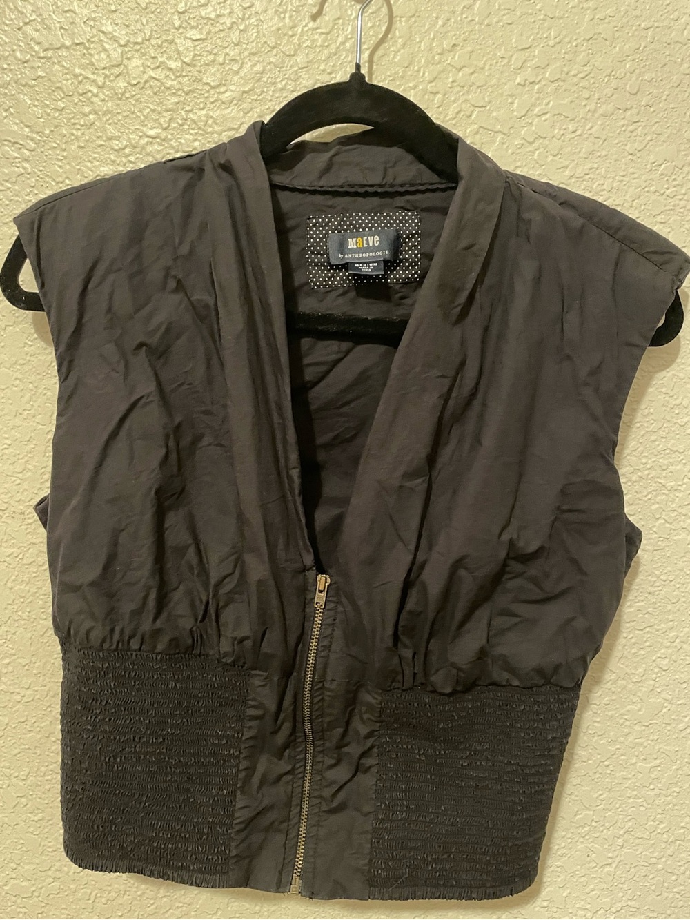 Maeve Black Sleeveless Zip-Front Vest with Smocked Waist